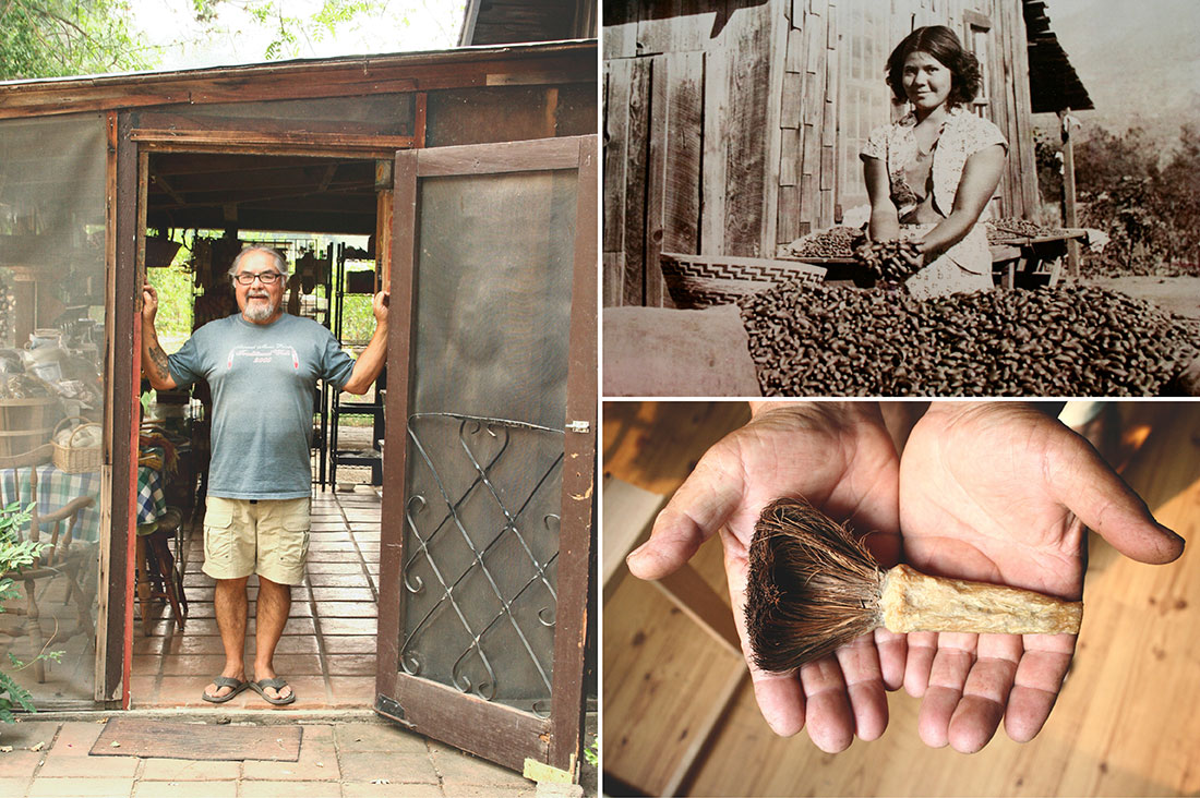 Brother in the entrance to the ranch mudroom; Brother’s mother with the acorn harvest, soap root brush used for cleaning