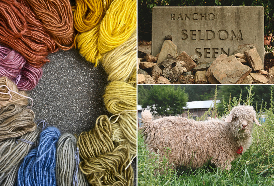 Some of Kim's naturally dyed hand spun yarn, the sign for the Kim and Brother's ranch, one of their angora goats