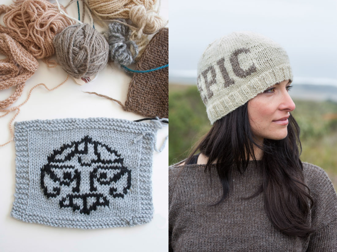 Boneyard Beanies logo on a knit swatch, and the EPIC beanie (photo by Paige Green)