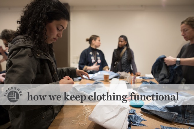 how we keep clothing functional: community members mending clothing with hand stitching